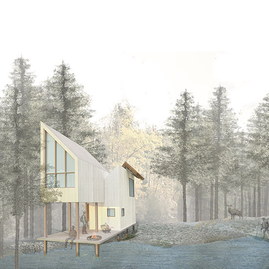 The architecture for these trekking cabins features overlapping volumes that create a series of unique spaces such as sleeping lofts and decks for gatherings. 